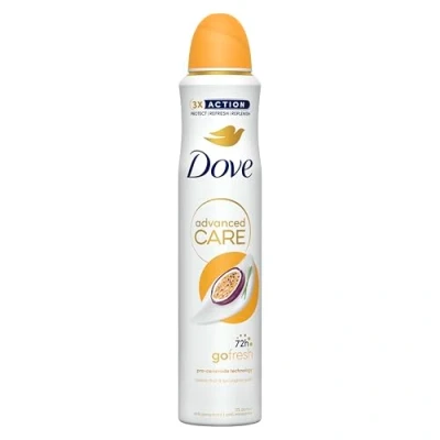Image of Dove Advanced Care Go Fresh Passion Fruit &amp; Lemongrass Scent Anti perspirant Deodorant Spray with Triple Moisturising technology aerosol for 72 hours of protection 200 ml