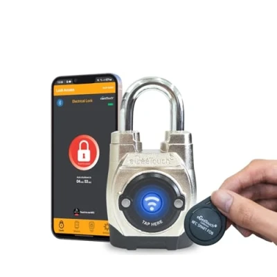 Image of eGeeTouch 5th GEN [2023]. Outdoor Smart Padlock, IP66 Weatherproof, Rugged Design for Commercial use, Bluetooth + NFC (Short Shackle)