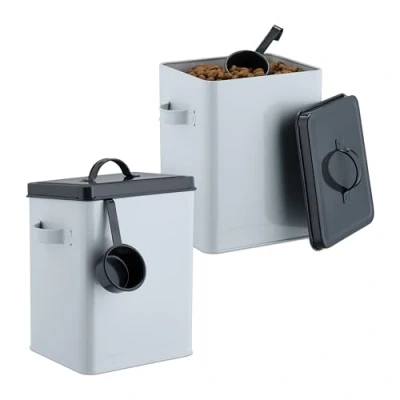 Image of Relaxdays Food Storage Box, Set of 2, 5.5 litres Each, with Lid &amp; Spoon, Iron, Store Dry Pet Feed, White/Anthracite, 26.5 x 15.5 19 cm
