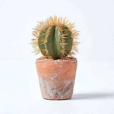 Image of HOMESCAPES Small Artificial Cactus in Terracotta Pot 15cm Tall Lifelike Round Decorative Stone Planter for Home or Office