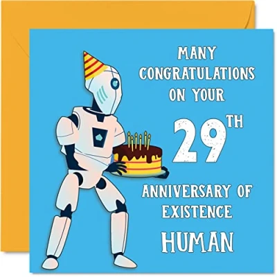 Image of Funny 29th Birthday Cards for Men Woman Robot Droid Happy Card Son Daughter Brother Sister Uncle Auntie Niece Nephew Cousin, 145mm x Joke Humour Banter Greeting