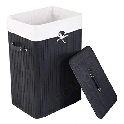Image of Bamboo Laundry basket 72L Collapsible with 1 Compartment Hamper Removable Lining Large Bins Lid Storage (BLACK)