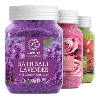 Image of Bath Salts Set 3x400g Lavender Rose Eucalyptus 100% Natural Essential Oil Best for Good Sleep Stress Relief Bathing Body Care Wellness Beauty Relaxation Spa