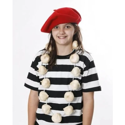 Image of BLACK AND WHITE STRIPED T SHIRT + RED BERET GARLIC/ONIONS GARLAND SET NECKLACE FRENCH OR VAMPIRE SLAYER FANCY DRESS BASTILLE DAY (X LARGE)