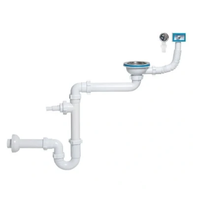 Image of Single Space Saving Kitchen Sink Drain Waste P Trap Set 115mm Dish Washer Input