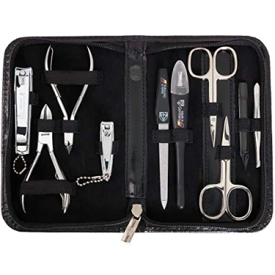 Image of 3 Swords Germany brand quality 10 piece manicure pedicure grooming kit set for professional finger &amp; toe nail care scissors clipper genuine leather case black in gift box, Made by