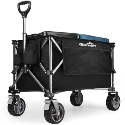 Image of GXCROR Beach Trolley,Beach Trolley Cart,Big Wheels Folding 100kg Capacity Wagon,Trolley on Wheels,Festival Fishing Pull Along Camping Garden for Picnic (130L Black)