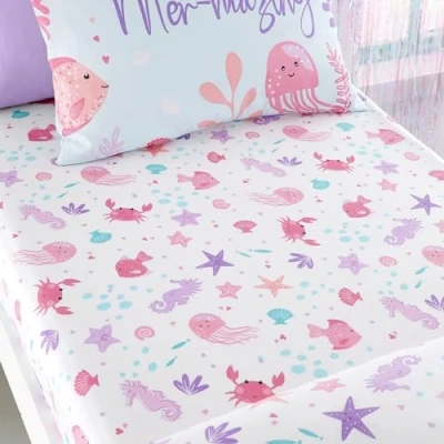 Image of Bedlam Pink Sea Animals Bed Sheets Single Fitted Sheet (190 x 90 25cm) Ocean/Sea Creatures Bedroom Accessories Mermaid Vibes Collection, Agua