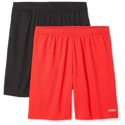 Image of Amazon Essentials Men&#039;s Performance Tech Loose Fit Lightweight Shorts (Available in Big &amp; Tall), Pack of 2, Black/Red, L