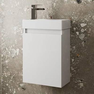 Image of Artis 400mm Bathroom Vanity Unit With Wash Basin Ceramic Sink, Single Door, Cloakroom Storage Furniture Under Cabinet, Wall Hung Cabinets. White Gloss