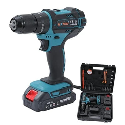 Image of KATSU FIT BAT 21V Cordless Impact Drill Screwdriver Combo Kit with 2 Batteries and Accessories, 13mm Keyless Chuck, Variable Electronic Speed Gears, LED Light, for DIY Home Improvement