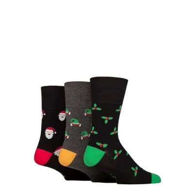 Image of Mens 3 Pair SOCKSHOP Gentle Grip Cotton Christmas Socks Black / Charcoal 6 11