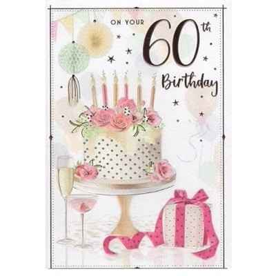 Image of ICG Female 60th Milestone Birthday Card Age 60 Floral Cake and Wrapped Gift with an Embossed Foil Finish