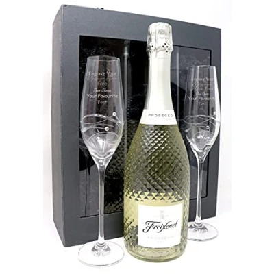 Image of Personalised Pair of Diamante Flutes &amp; Freixenet Prosecco 75cl (Presentation Gift Box)