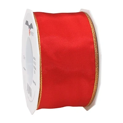 Image of Präsent Manhattan Wired Taffeta Ribbon Red Gold 25 m Roll 60 mm width