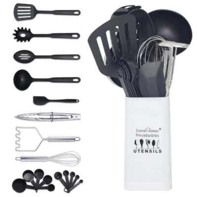 Image of Daniel James Kitchen Utensil Set 19 Piece Heat Resistant Cooking Tools and Gadgets with Holder Black, Silver &amp; White