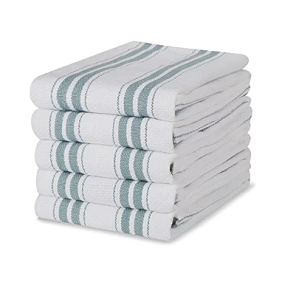 Image of 100% Cotton Tea Towel Teal Basketweave Stripe Pattern, Pack of 5 Kitchen Set Absorbent, Strong, Quick Dry &amp; Machine Washable for Home Decor Bathroom Accessories