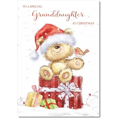 Image of doodlecards Granddaughter Christmas Card Cute Bear on Parcel Large A4 Size for with Plain Envelope