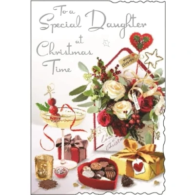 Image of Jonny Javelin Special Daughter Christmas Card Floral Bouquet, Cocktail and Chocolates with an Embossed Foil Flitter Finish