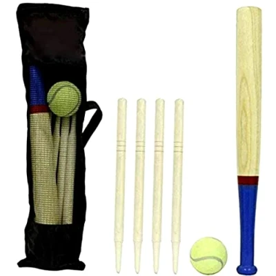 Image of Aggloz 6 Piece Wooden Rounders Set &amp; Carry Bag Baseball Bat Soft Tennis Ball Garden Fun Play UK (Rounders Set)