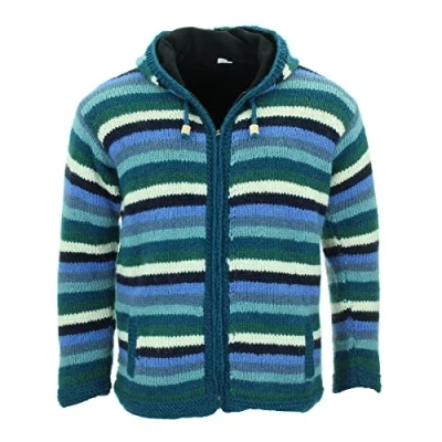 Image of LOUDelephant Hand Knitted Wool Hooded Jacket Cardigan Stripe Blue (Large)