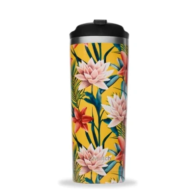 Image of QWETCH Insulated Travel Mug Tropical Yellow 470 ml Coffee &amp; Tea in Stainless Steel 6 Hours Hot and 12 Cold BPA Free, Waterproof Reusable Ideal for Car, Office, Home