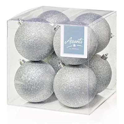 Image of Christmas Tree Decoration 8 Pack 80mm Glitter Baubles Silver