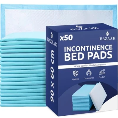 Image of 50 x Bazaar Disposable Incontinence Bed Pads 60 90cm Highly Absorbent Sheets Waterproof for Sofa, Mattress, Chair &amp; Babies, Children, Adults, Elderly.