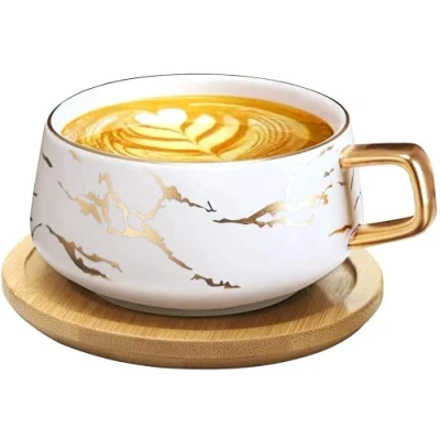 Image of Coffee Tea Set, Porcelain Cup and Saucer, Marble Pattern, Nordic Style, British Cups, Ceramic Latte Cups 300 ml (White)