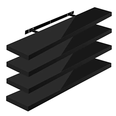 Image of WOLTU High Gloss Floating Shelves,Set of 4 Wall Shelf,CD DVD Storage Corner Shelf, Premium Wooden Shelves for Bedroom LivingRoom kitchen 100x22.9x3.8cm, Black, RG9482sz