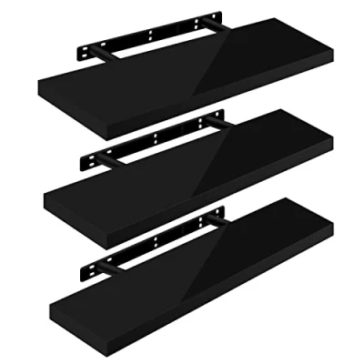 Image of WOLTU High Gloss Floating Shelves,Set of 3 Wall Shelf,CD DVD Storage Corner Shelf, Premium Wooden Shelves for Bedroom LivingRoom kitchen 80x22.9x3.8cm, Black, RG9480sz