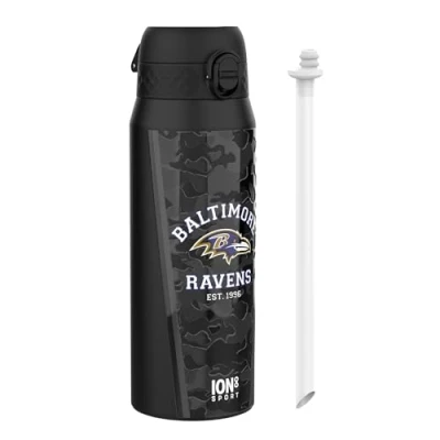 Image of Ion8 NFL Ravens Sports Thermal water Bottle with Removable Straw, 750ml/24oz, Leak proof Vacuum Insulated Drinking Bottle, Easy to Open, Secure Lock, Dishwasher Safe, Flip Cover, Metal