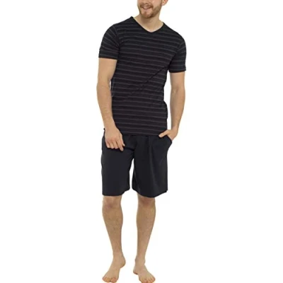 Image of Tom Franks Mens Striped Cotton Jersey T Shirt &amp; Short Pyjamas Black Grey Marl X Large
