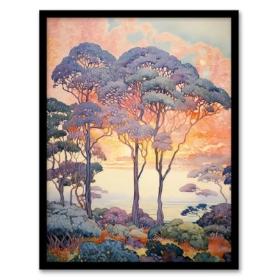 Image of Artery8 Coastal Sunrise Behind Trees Orange Blue Purple Artwork Framed Wall Art Print 18X24 Inch
