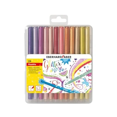 Image of Eberhard Faber 551024 Glitter Felt Tip Pen Set, 24 Colouring Pens with Basic and Pastel Colours