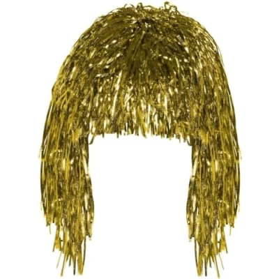 Image of Shiny Metallic Foil Tinsel Wig Adult Fancy Dress Costume Accessory (Gold)