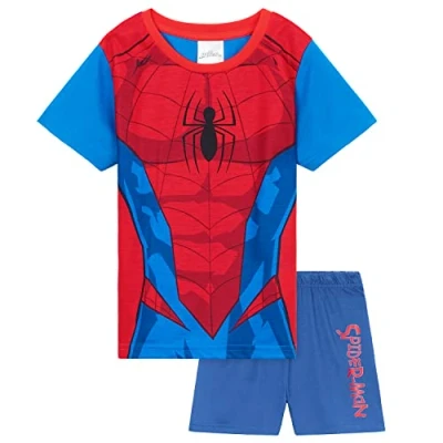 Image of Marvel Boys Short Pyjama Set, Soft Breathable Lounge Wear Gifts (Red/Blue Spiderman, 9 10 Years)