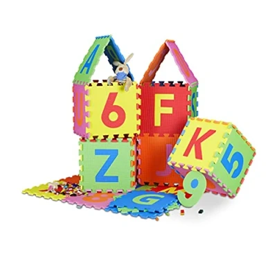 Image of Relaxdays 86 Piece Puzzle Play Mat, Set With Letters and Numbers, EVA Foam, Playground Padded Floor Protection W x D: 180 cm, Multi Colour