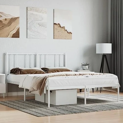 Image of vidaXL Robust Metal Bed Frame with Headboard, Extra Storage Space, Elegant White Design, Suitable for 120x190 cm Mattress