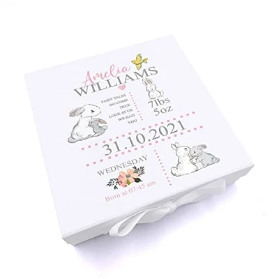 Image of ukgiftstoreonline Personalised Rabbit Baby Girl Keepsake Memory Box Gift (Large)