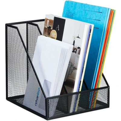 Image of Relaxdays Magazine File, A4, 3 Compartments, Mesh Design, 26 x 24 cm, Office Storage, Document Holder, Metal, Black, Steel