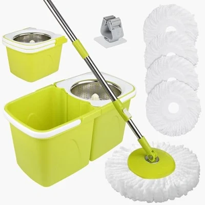 Image of ARSUK Spin Mop and Bucket Sets 2 Separate Stackable Buckets with Microfiber Heads Replacement &amp; 360 Spinnable Adjustable Height Telescopic Handle