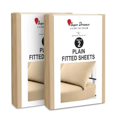Image of 2 Pack Fitted Sheet King Size Deep Pocket 25cm Microfiber Bed (152x203 cm) Wrinkle &amp; Fade Resistant Elastic Corners Breathable Easycare Bottom Beige