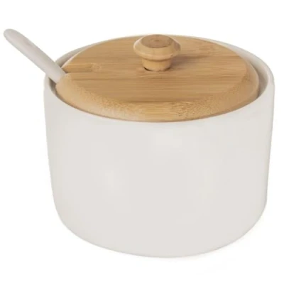 Image of orion group Porcelain Sugar Bowl with Lid and Spoon, Height 6.5 cm, White Bamboo Wood, Suit for Coffee Bar, Ecological Container
