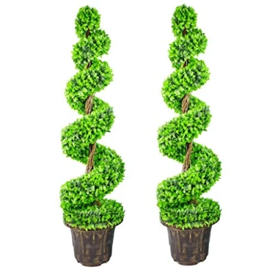Image of Leaf Large Artificial Spiral Tree with Decorative Planter, 120cm Green Pair