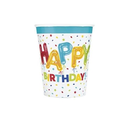 Image of Vibrant Happy Balloon Birthday Paper Cups (255g) Colorful, &amp; Fun Design Party Drinkware Perfect for Celebrations Kid&#039;s Parties 8ct