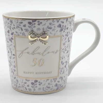 Image of Lesser &amp; PAVEY Madelaine 50th Birthday Mug by Hearts Design, Tea and Coffee Mugs for Hot Drinks Fine China Printed Kitchen Home Reusable Ceramic Cups Every Occasion