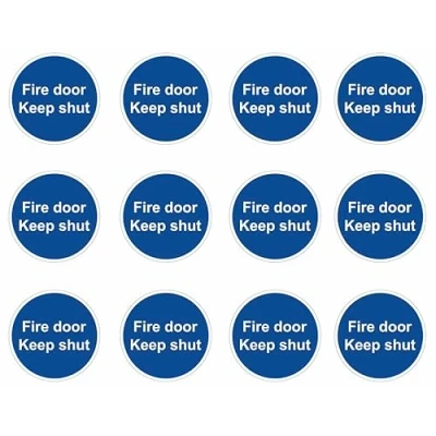 Image of Fire Door Safety Signs Round [Pack of 12] Keep Shut Stickers Adherent Vinyl (80mm x 80mm)