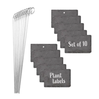 Image of Hoberg Slate Plant Signs Set of 10 Weatherproof, Reusable Individual Labelling Plants, Herbs &amp; Flowers Labels with Steel Ground Spikes Measures x 7 0.5 cm [Rectangular]