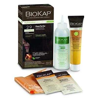 Image of BIOKAP RAPID Permanent Hair Colour 2.9 Dark Chocolate Brown Only 10 Minutes Reaction Time Organic Argan Oil TricoREPAIR Complex Vegan Optimal Grey Coverage Up to 80% Natural Ingredients